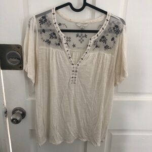 Lucky Brand Vintage Peasant Sheer Floral Embroidery Embroidered Shirt Top Blouse